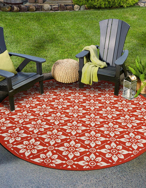 Rust Red 7' 10 x 7' 10 Outdoor Trellis Round Area Rug Weather Resistant for Patio, Deck, Terrace, Balcony, Porch Geometric Design Water Safe Outside Carpet for Sale at Rug Engine
