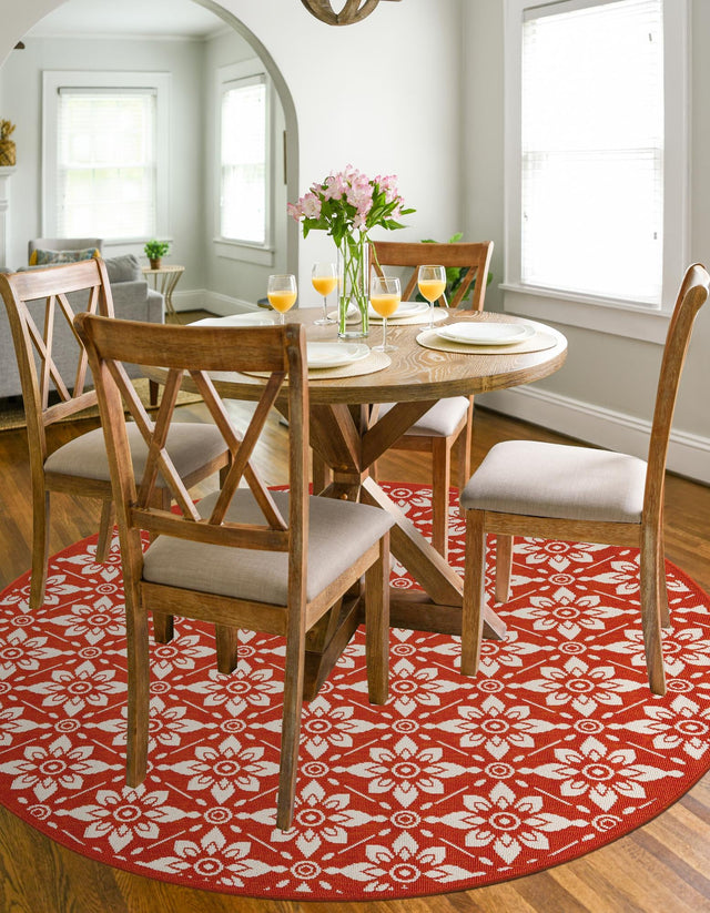 Rust Red 6' 1 x 6' 1 Outdoor Trellis Round Area Rug Weather Resistant for Patio, Deck, Terrace, Balcony, Porch Geometric Design Water Safe Outside Carpet for Sale at Rug Engine