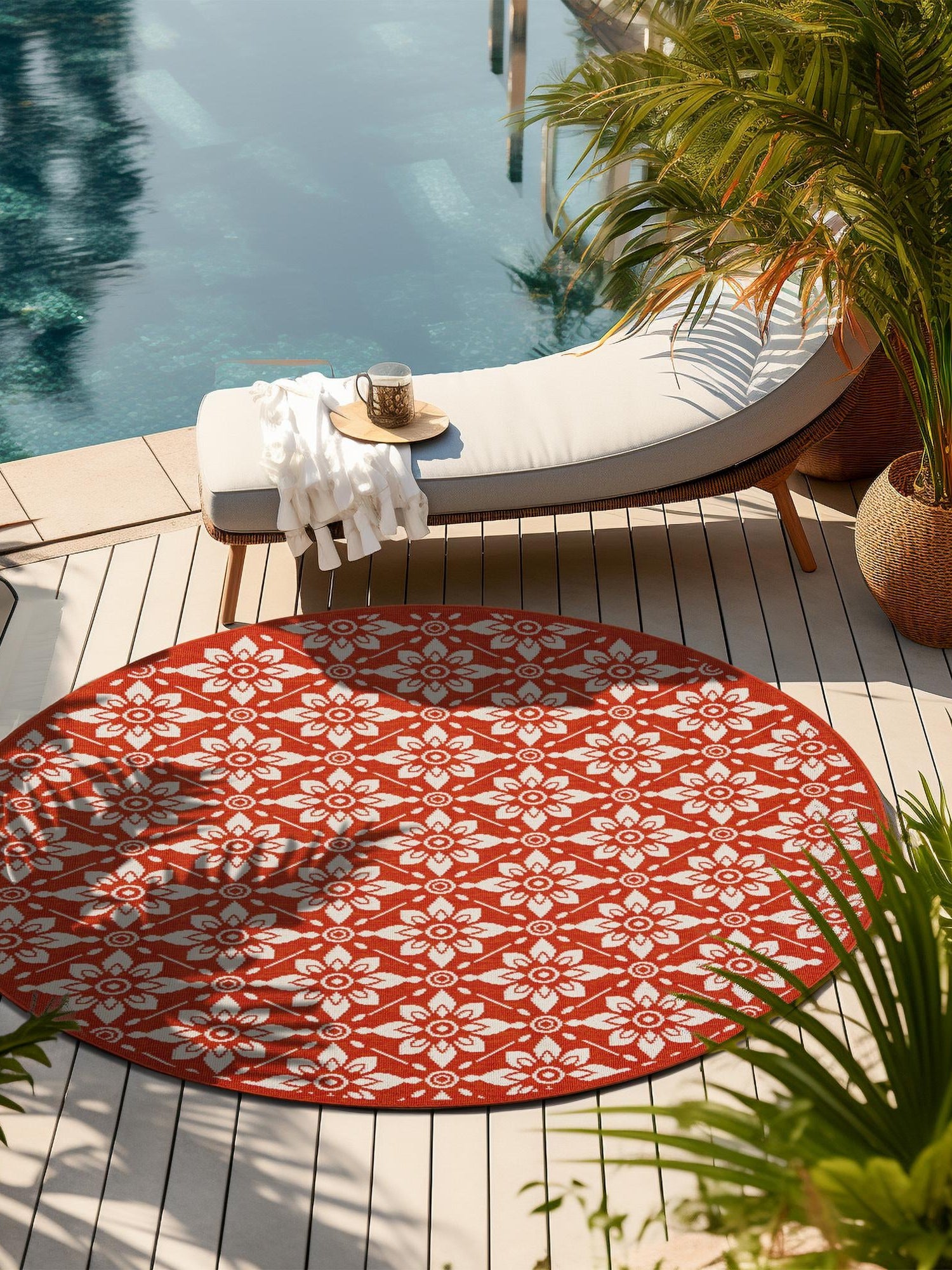 Rust Red 4' 1 x 4' 1 Outdoor Trellis Round Area Rug Weather Resistant for Patio, Deck, Terrace, Balcony, Porch Geometric Design Water Safe Outside Carpet for Sale at Rug Engine