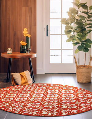 Rust Red 6' 1 x 6' 1 Outdoor Trellis Round Area Rug Weather Resistant for Patio, Deck, Terrace, Balcony, Porch Geometric Design Water Safe Outside Carpet for Sale at Rug Engine