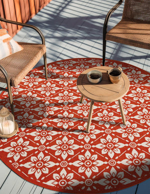 Rust Red 7' 10 x 7' 10 Outdoor Trellis Round Area Rug Weather Resistant for Patio, Deck, Terrace, Balcony, Porch Geometric Design Water Safe Outside Carpet for Sale at Rug Engine