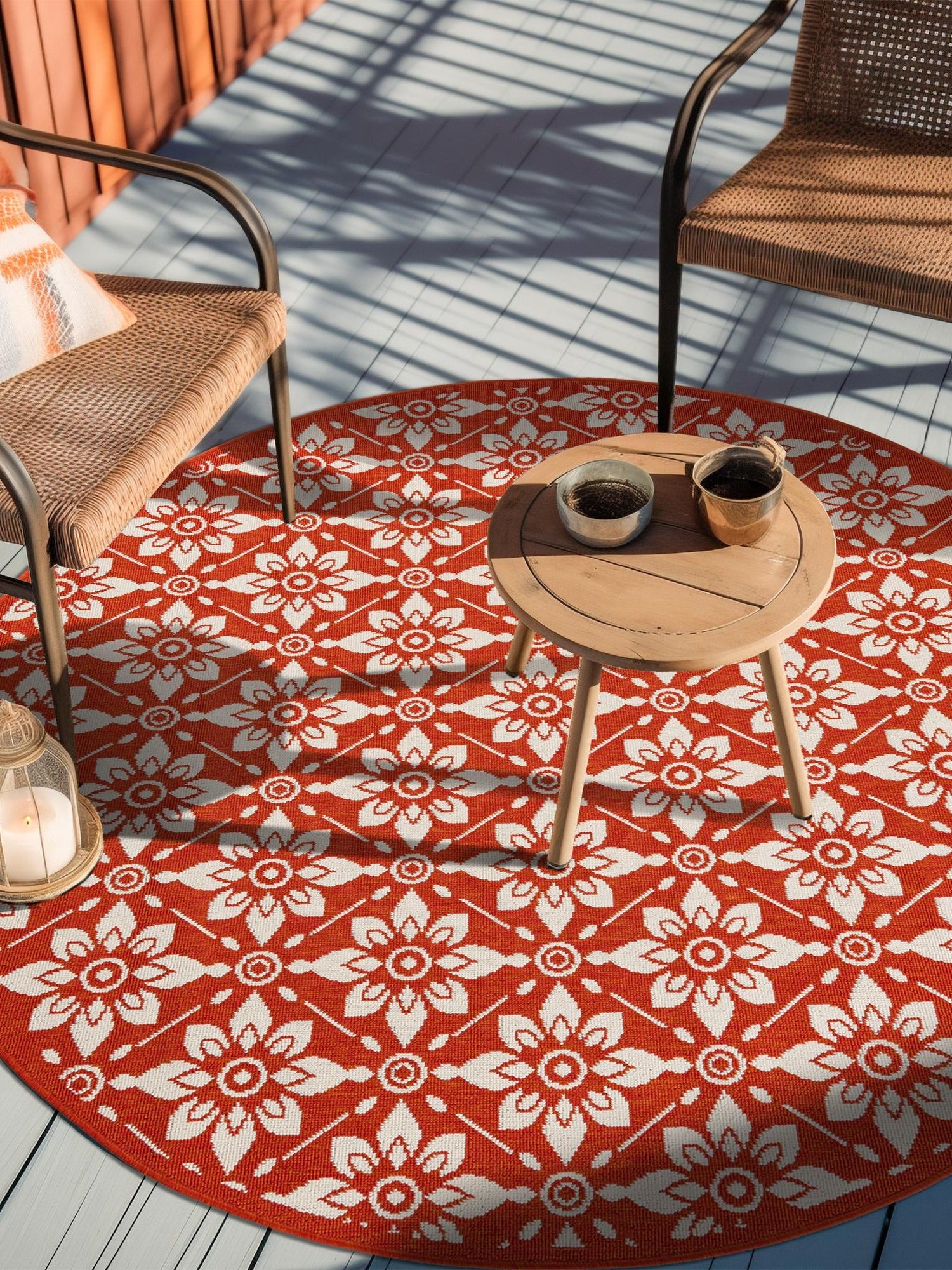 Rust Red 5' 1 x 5' 1 Outdoor Trellis Round Area Rug Weather Resistant for Patio, Deck, Terrace, Balcony, Porch Geometric Design Water Safe Outside Carpet for Sale at Rug Engine