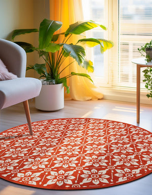 Rust Red 4' 1 x 4' 1 Outdoor Trellis Round Area Rug Weather Resistant for Patio, Deck, Terrace, Balcony, Porch Geometric Design Water Safe Outside Carpet for Sale at Rug Engine