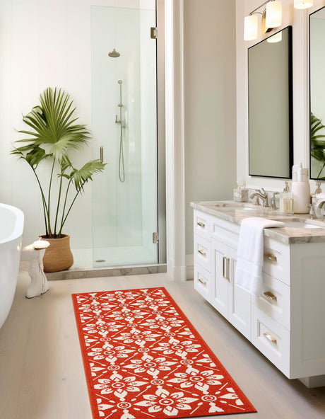 Rust Red 2' 7 x 12' Outdoor Trellis Runner Area Rug Weather Resistant for Patio, Deck, Terrace, Balcony, Porch Geometric Design Water Safe Outside Carpet for Sale at Rug Engine