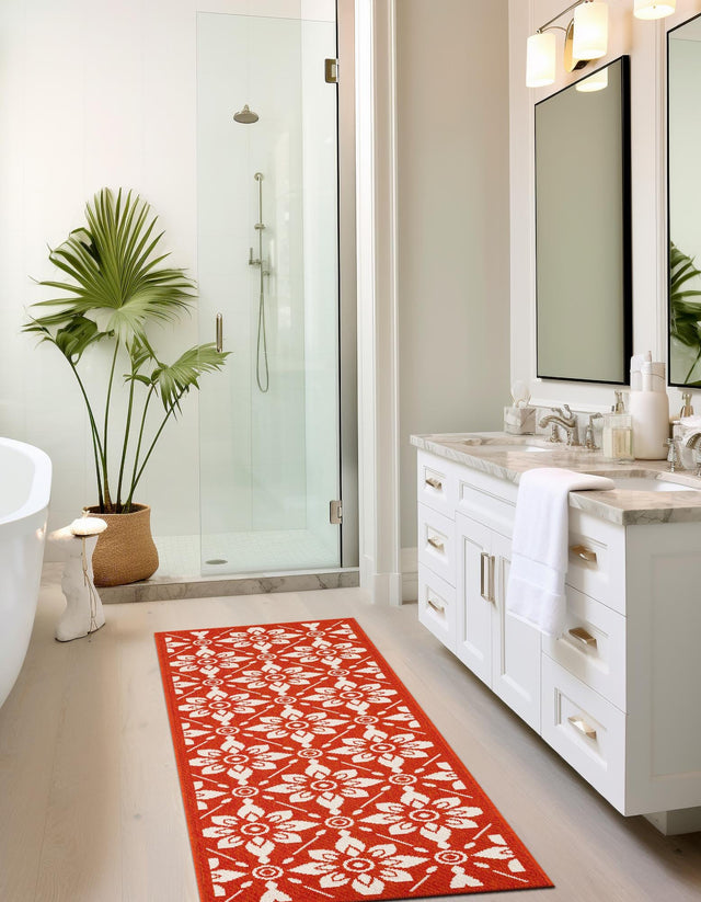 Rust Red 2' 7 x 12' Outdoor Trellis Runner Area Rug Weather Resistant for Patio, Deck, Terrace, Balcony, Porch Geometric Design Water Safe Outside Carpet for Sale at Rug Engine
