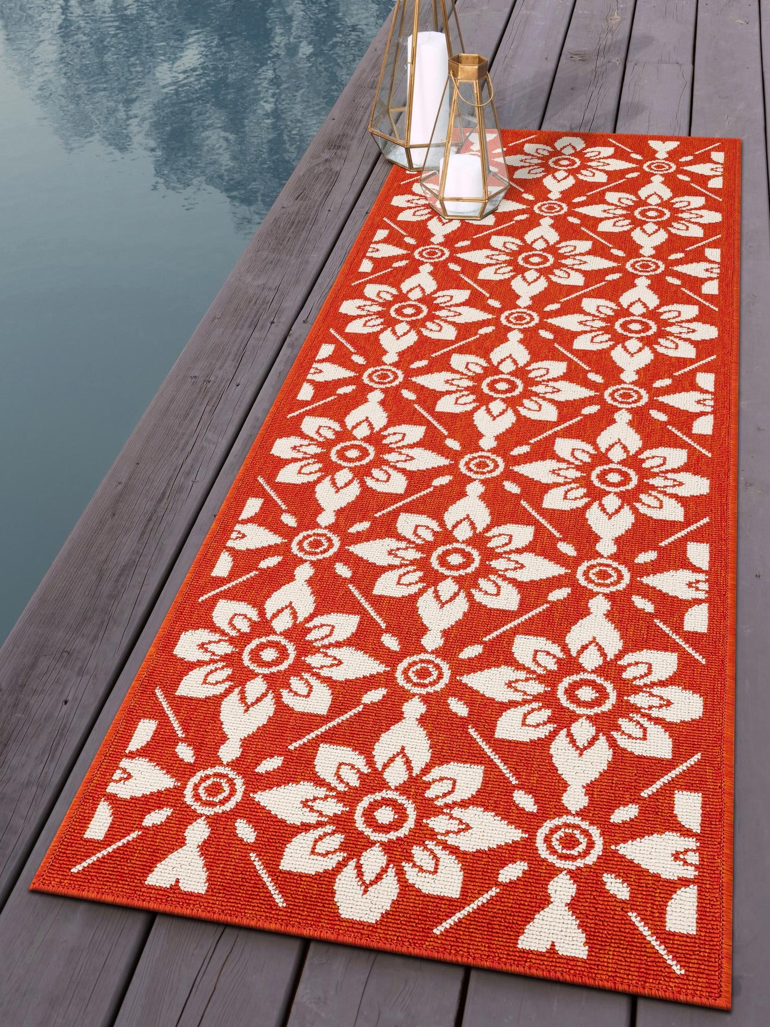 Rust Red 2' 7 x 12' Outdoor Trellis Runner Area Rug Weather Resistant for Patio, Deck, Terrace, Balcony, Porch Geometric Design Water Safe Outside Carpet for Sale at Rug Engine