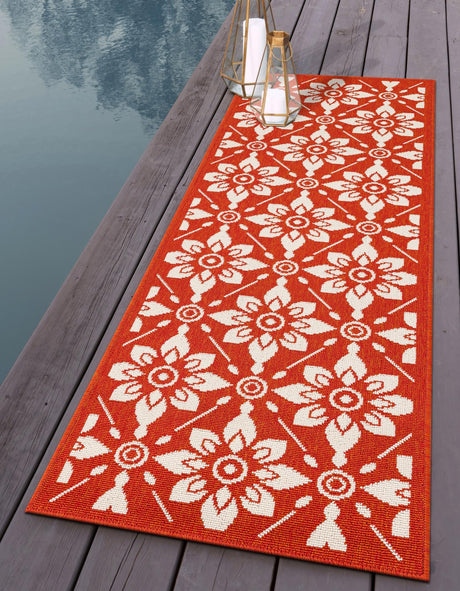 Rust Red 2' 7 x 12' Outdoor Trellis Runner Area Rug Weather Resistant for Patio, Deck, Terrace, Balcony, Porch Geometric Design Water Safe Outside Carpet for Sale at Rug Engine