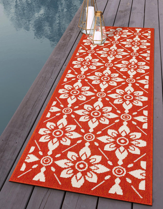 Rust Red 2' 7 x 12' Outdoor Trellis Runner Area Rug Weather Resistant for Patio, Deck, Terrace, Balcony, Porch Geometric Design Water Safe Outside Carpet for Sale at Rug Engine