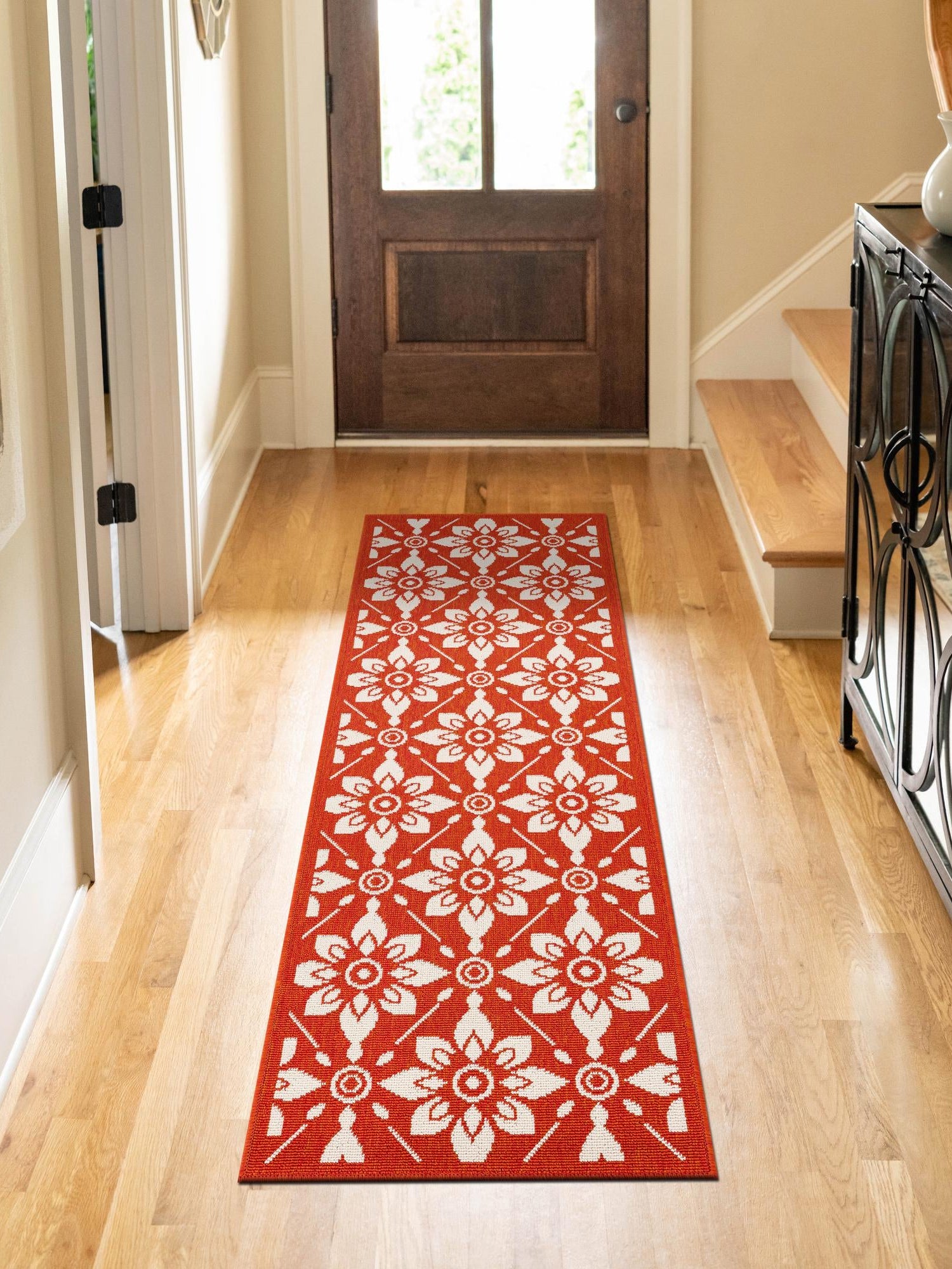 Rust Red 2' 7 x 12' Outdoor Trellis Runner Area Rug Weather Resistant for Patio, Deck, Terrace, Balcony, Porch Geometric Design Water Safe Outside Carpet for Sale at Rug Engine