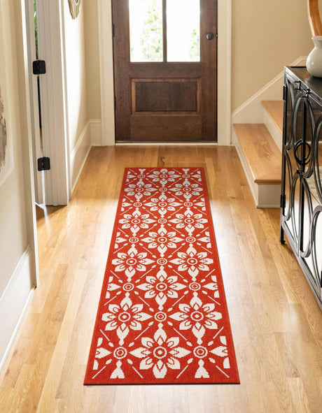 Rust Red 2' 7 x 12' Outdoor Trellis Runner Area Rug Weather Resistant for Patio, Deck, Terrace, Balcony, Porch Geometric Design Water Safe Outside Carpet for Sale at Rug Engine