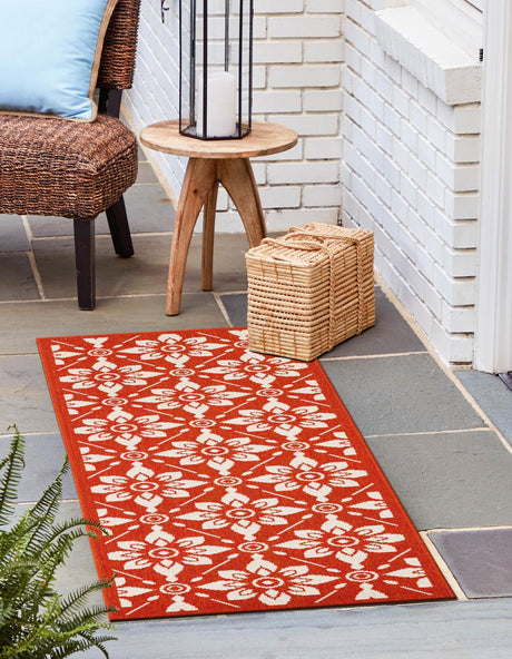 Rust Red 2' 7 x 12' Outdoor Trellis Runner Area Rug Weather Resistant for Patio, Deck, Terrace, Balcony, Porch Geometric Design Water Safe Outside Carpet for Sale at Rug Engine