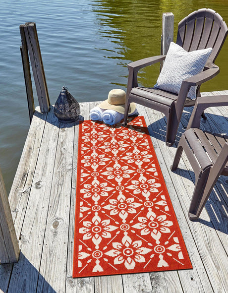 Rust Red 2' 7 x 12' Outdoor Trellis Runner Area Rug Weather Resistant for Patio, Deck, Terrace, Balcony, Porch Geometric Design Water Safe Outside Carpet for Sale at Rug Engine