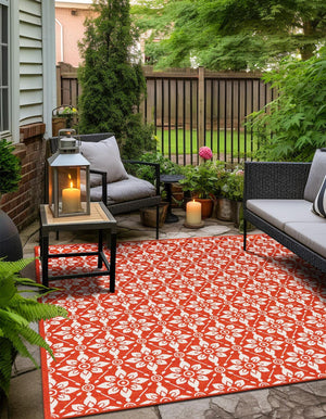 Rust Red 7' 10 x 7' 10 Outdoor Trellis Square Area Rug Weather Resistant for Patio, Deck, Terrace, Balcony, Porch Geometric Design Water Safe Outside Carpet for Sale at Rug Engine