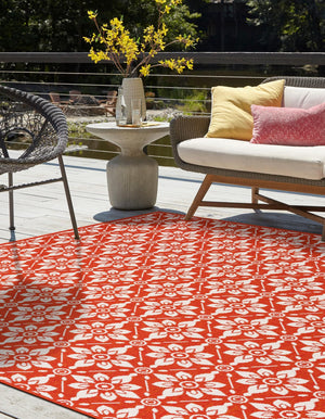 Rust Red 7' 10 x 7' 10 Outdoor Trellis Square Area Rug Weather Resistant for Patio, Deck, Terrace, Balcony, Porch Geometric Design Water Safe Outside Carpet for Sale at Rug Engine