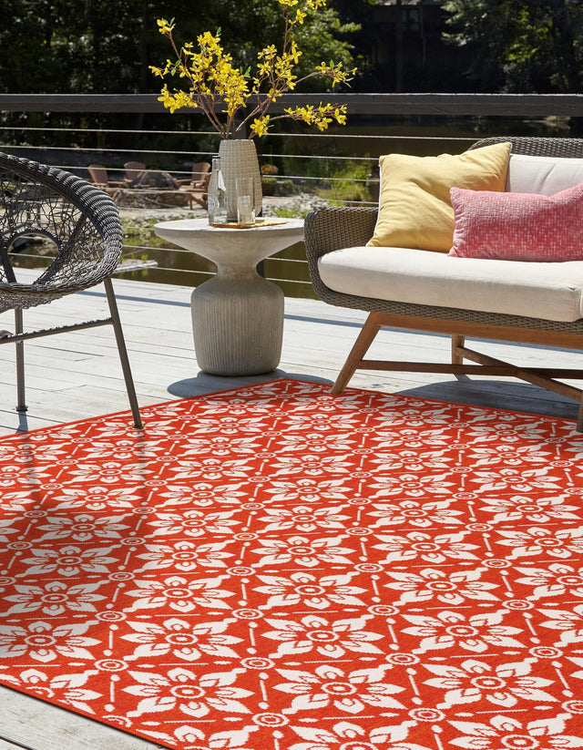 Rust Red 7' 10 x 7' 10 Outdoor Trellis Square Area Rug Weather Resistant for Patio, Deck, Terrace, Balcony, Porch Geometric Design Water Safe Outside Carpet for Sale at Rug Engine