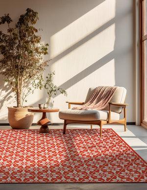 Rust Red 7' 10 x 7' 10 Outdoor Trellis Square Area Rug Weather Resistant for Patio, Deck, Terrace, Balcony, Porch Geometric Design Water Safe Outside Carpet for Sale at Rug Engine
