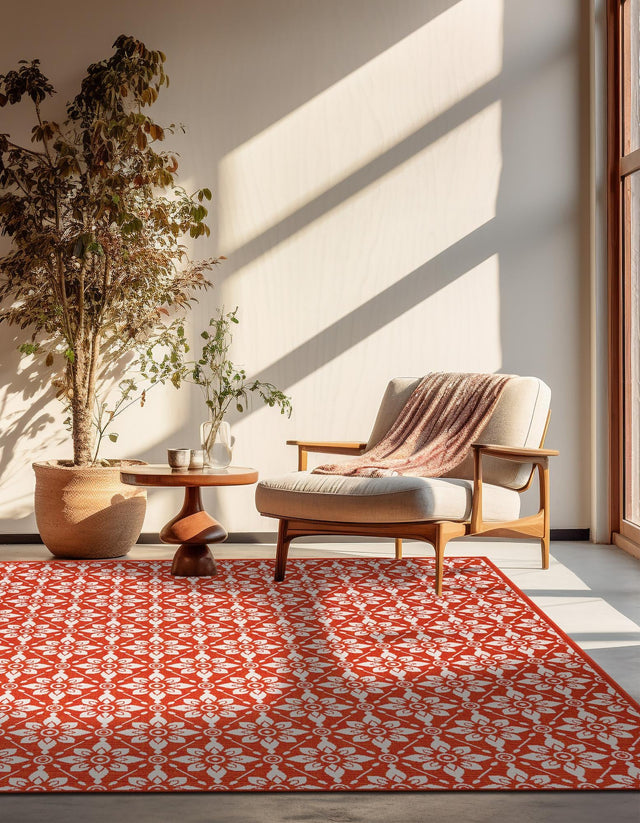 Rust Red 7' 10 x 7' 10 Outdoor Trellis Square Area Rug Weather Resistant for Patio, Deck, Terrace, Balcony, Porch Geometric Design Water Safe Outside Carpet for Sale at Rug Engine