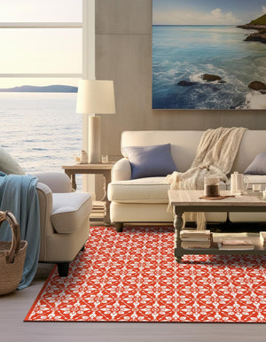 Rust Red 7' 10 x 7' 10 Outdoor Trellis Square Area Rug Weather Resistant for Patio, Deck, Terrace, Balcony, Porch Geometric Design Water Safe Outside Carpet for Sale at Rug Engine