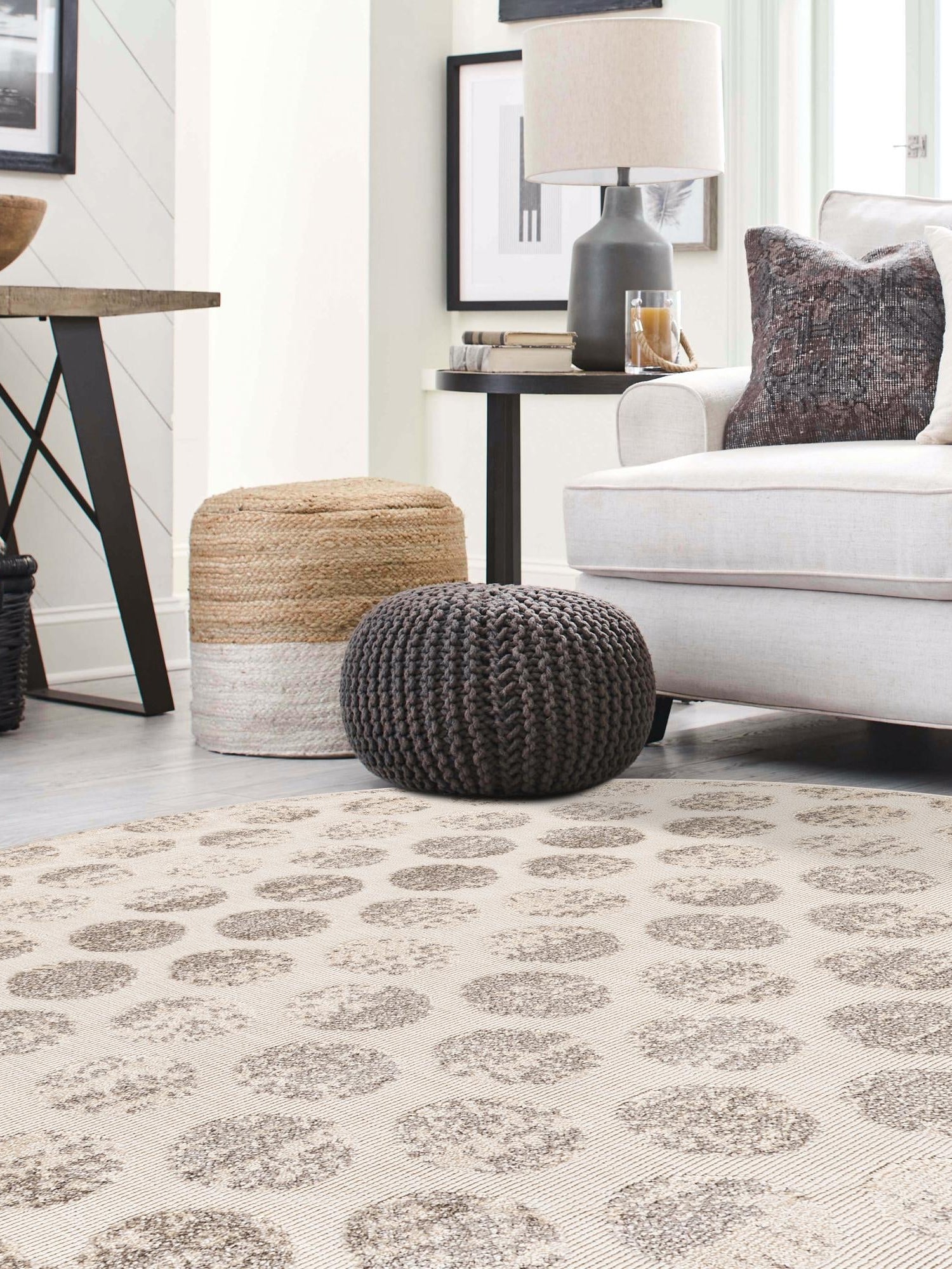 Beige and Ivory 7' 10 x 7' 10 Sabrina Soto Outdoor Round Area Rug Weather Resistant for Patio, Deck, Terrace, Balcony, Porch Durable Carpet for Exterior Home Design for Sale at Rug Engine