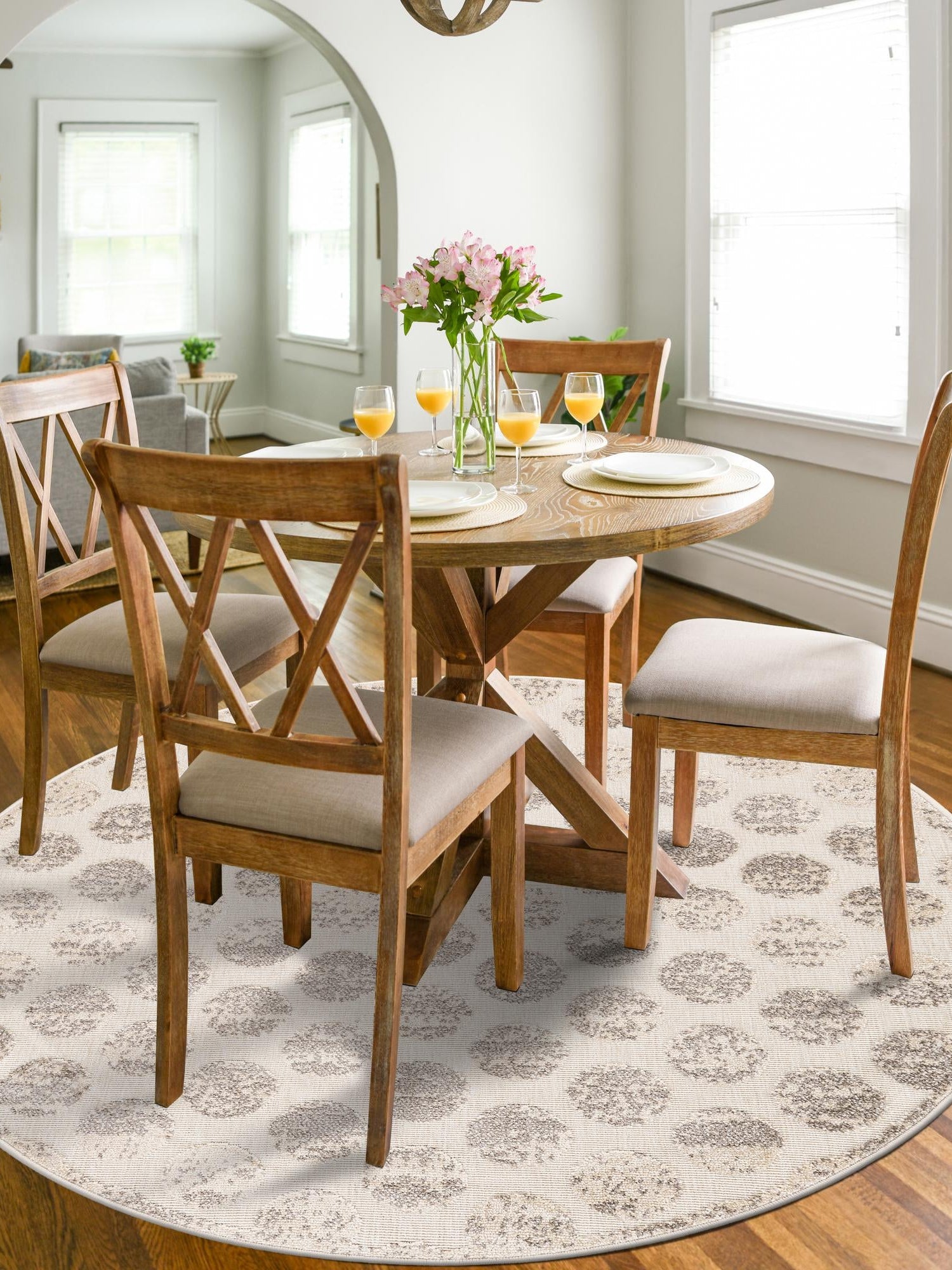 Beige and Ivory 5' 1 x 5' 1 Sabrina Soto Outdoor Round Area Rug Weather Resistant for Patio, Deck, Terrace, Balcony, Porch Durable Carpet for Exterior Home Design for Sale at Rug Engine