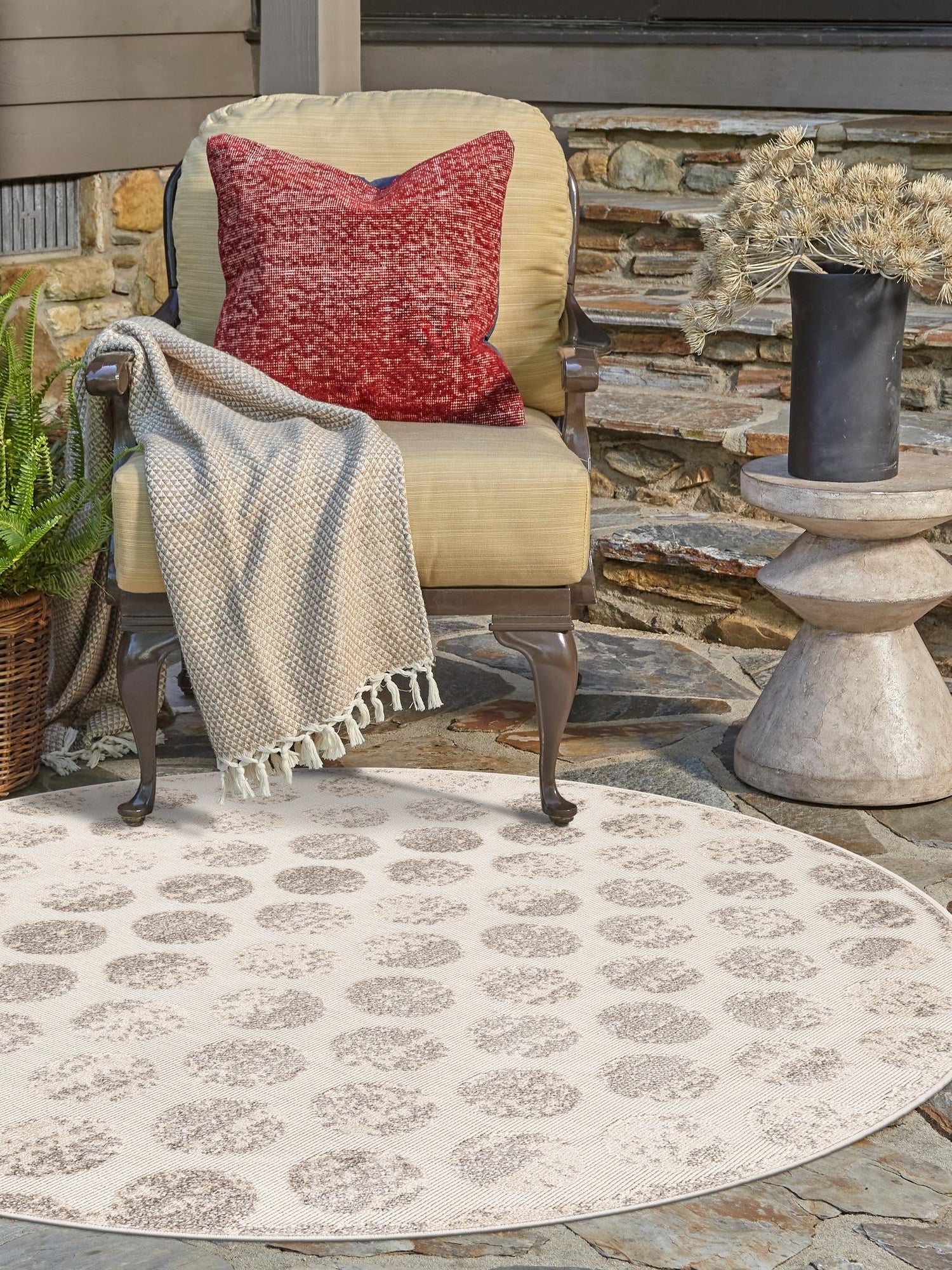 Beige and Ivory 3' 1 x 3' 1 Sabrina Soto Outdoor Round Area Rug Weather Resistant for Patio, Deck, Terrace, Balcony, Porch Durable Carpet for Exterior Home Design for Sale at Rug Engine