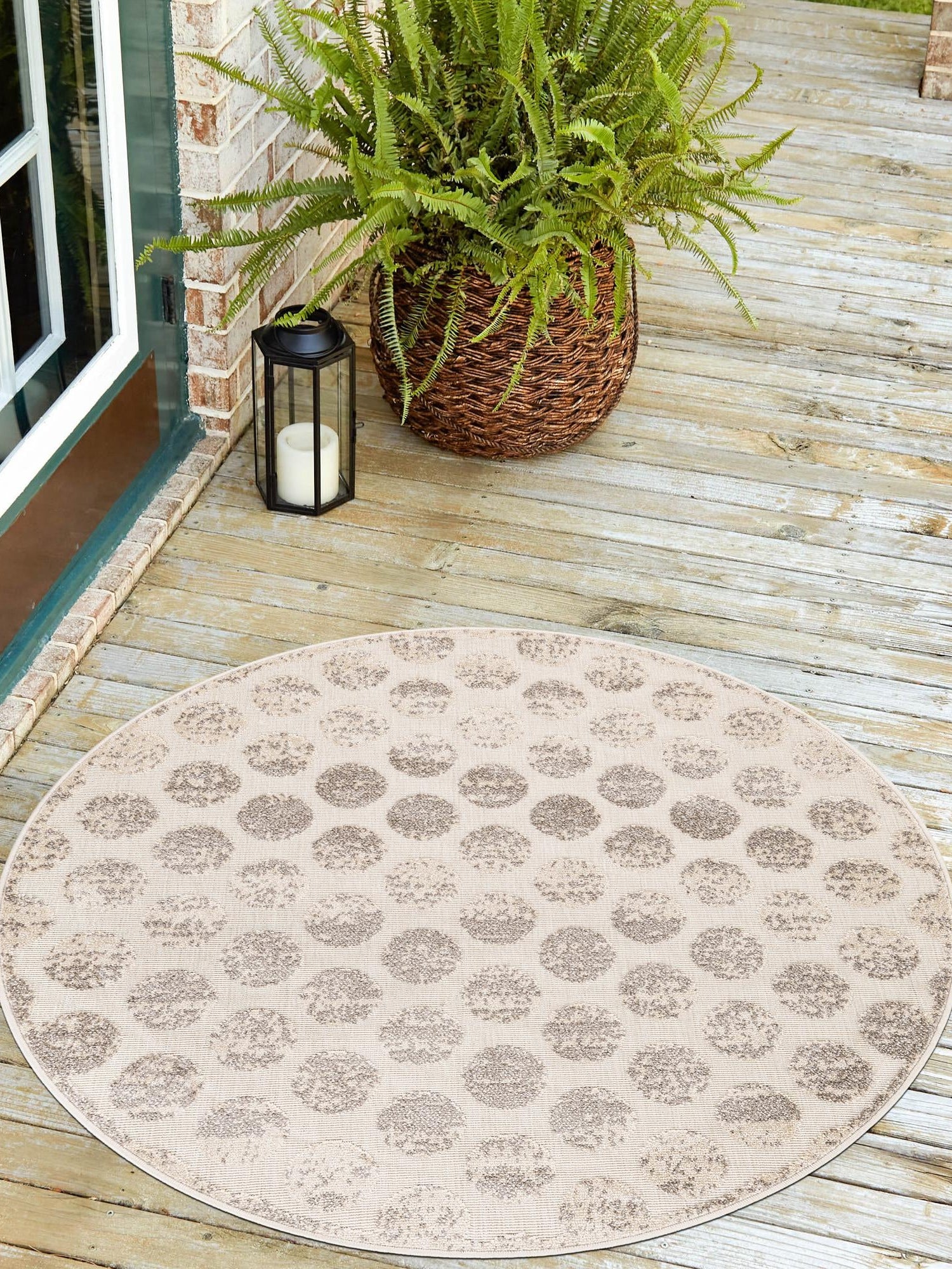 Beige and Ivory 5' 1 x 5' 1 Sabrina Soto Outdoor Round Area Rug Weather Resistant for Patio, Deck, Terrace, Balcony, Porch Durable Carpet for Exterior Home Design for Sale at Rug Engine