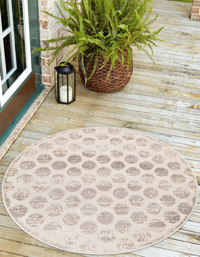 Beige and Ivory 5' 1 x 5' 1 Sabrina Soto Outdoor Round Area Rug Weather Resistant for Patio, Deck, Terrace, Balcony, Porch Durable Carpet for Exterior Home Design for Sale at Rug Engine