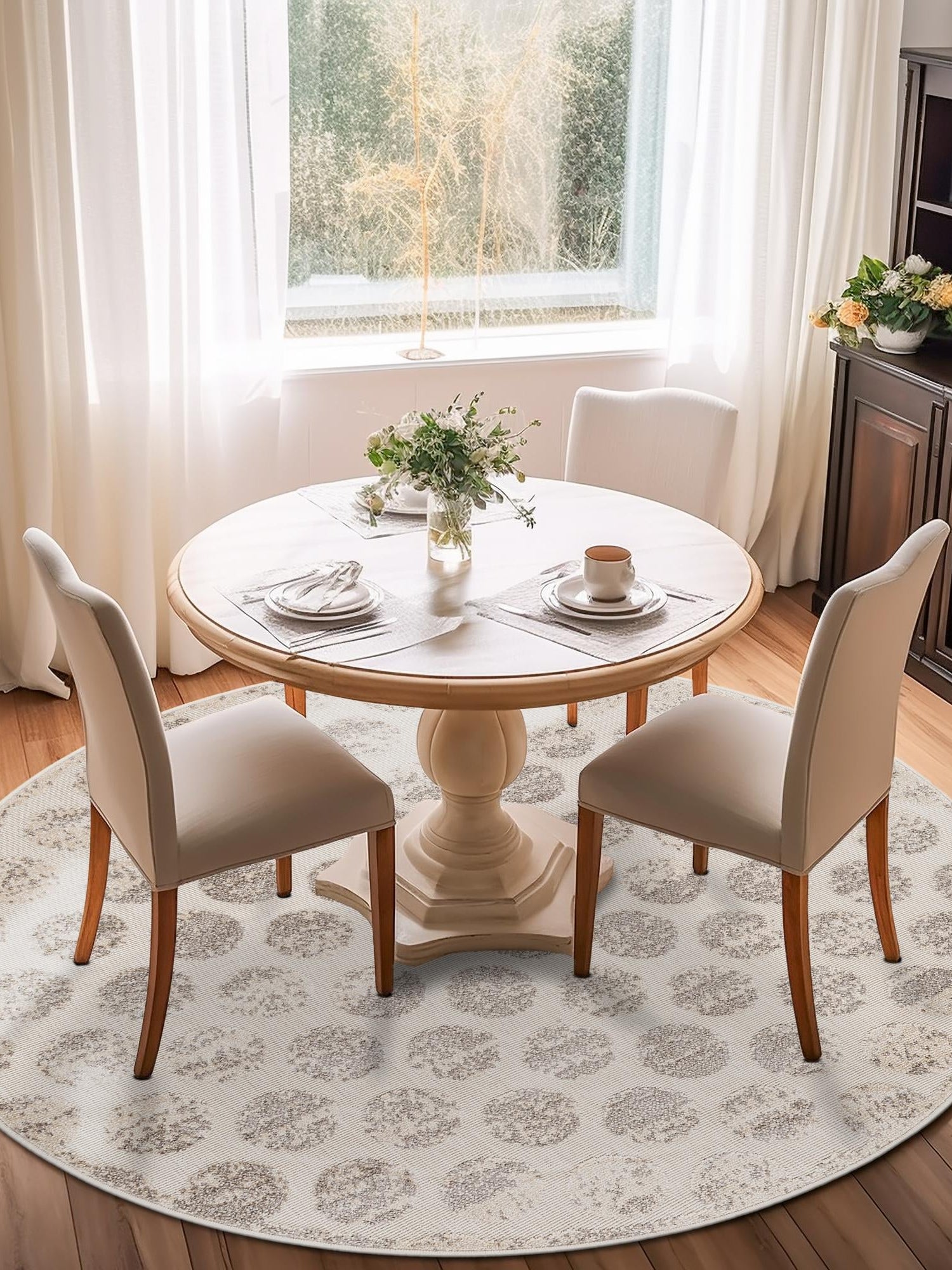 Beige and Ivory 5' 1 x 5' 1 Sabrina Soto Outdoor Round Area Rug Weather Resistant for Patio, Deck, Terrace, Balcony, Porch Durable Carpet for Exterior Home Design for Sale at Rug Engine