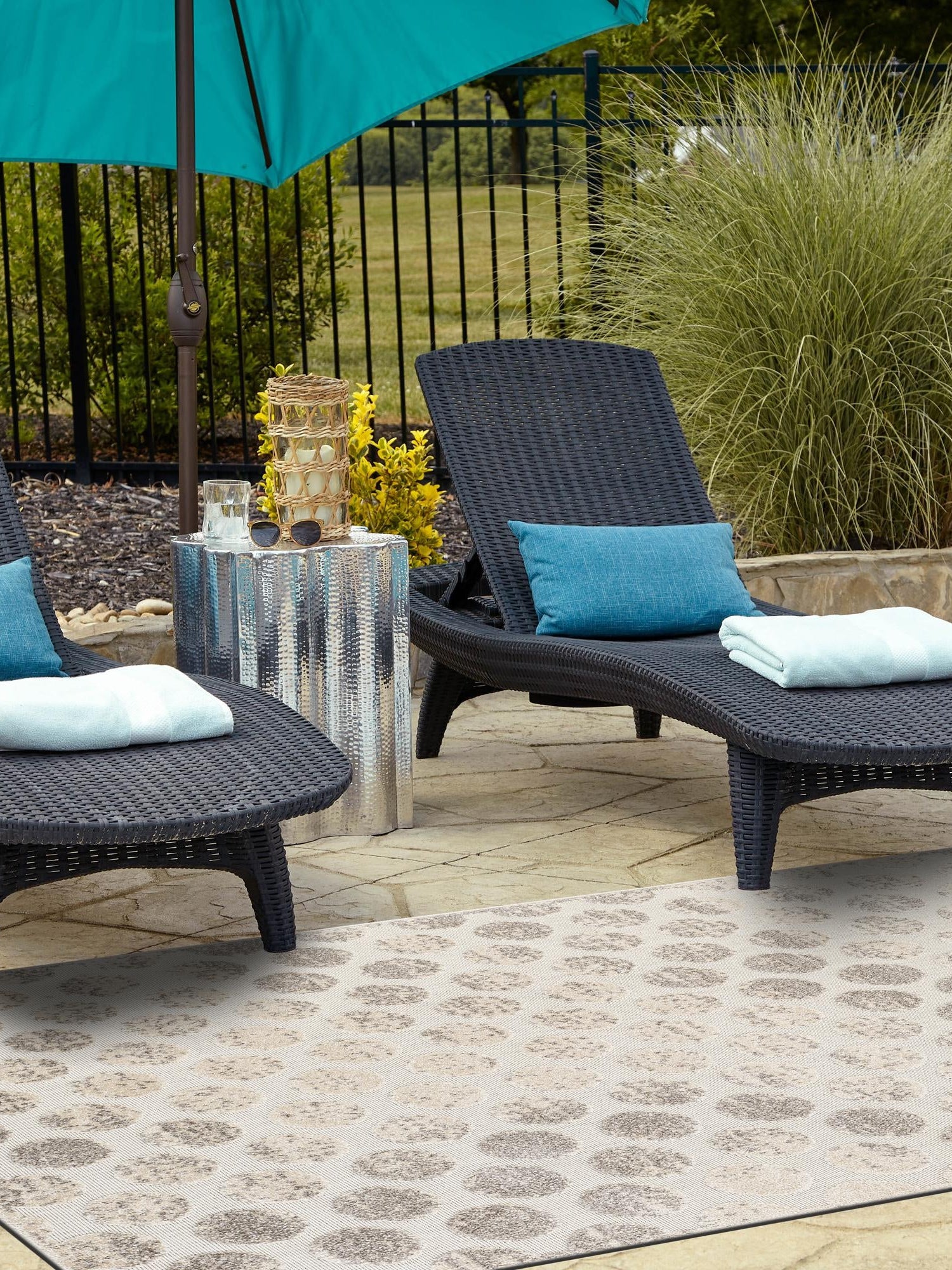 Beige and Ivory 6' 1 x 9' Sabrina Soto Outdoor Rectangle Area Rug Weather Resistant for Patio, Deck, Terrace, Balcony, Porch Durable Carpet for Exterior Home Design for Sale at Rug Engine