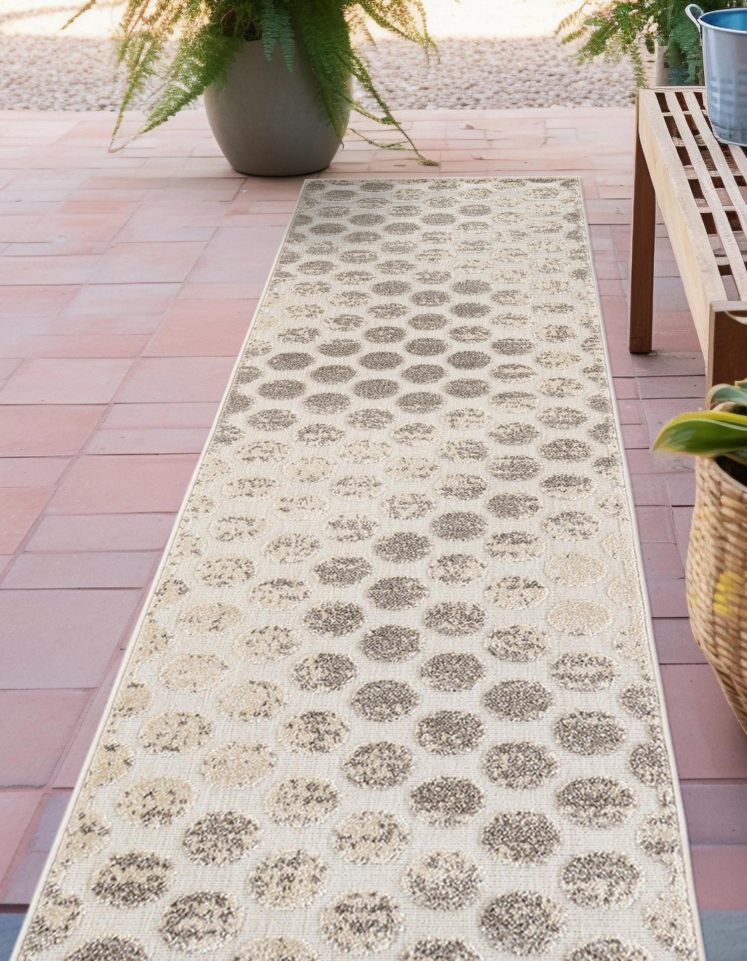 Beige and Ivory 2' x 8' Sabrina Soto Outdoor Runner Area Rug Weather Resistant for Patio, Deck, Terrace, Balcony, Porch Durable Carpet for Exterior Home Design for Sale at Rug Engine