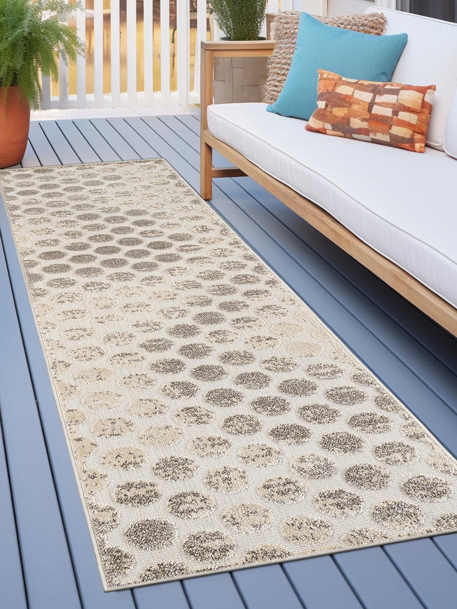 Beige and Ivory 2' 7 x 10' Sabrina Soto Outdoor Runner Area Rug Weather Resistant for Patio, Deck, Terrace, Balcony, Porch Durable Carpet for Exterior Home Design for Sale at Rug Engine