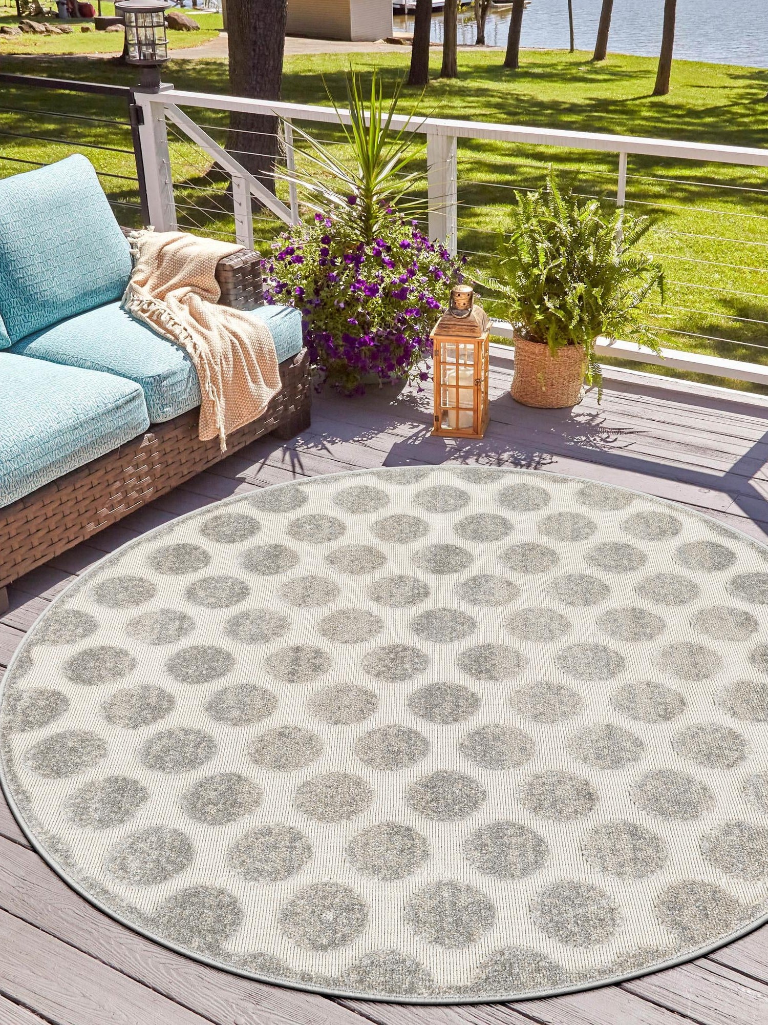 Gray 5' 1 x 5' 1 Sabrina Soto Outdoor Round Area Rug Weather Resistant for Patio, Deck, Terrace, Balcony, Porch Durable Carpet for Exterior Home Design for Sale at Rug Engine