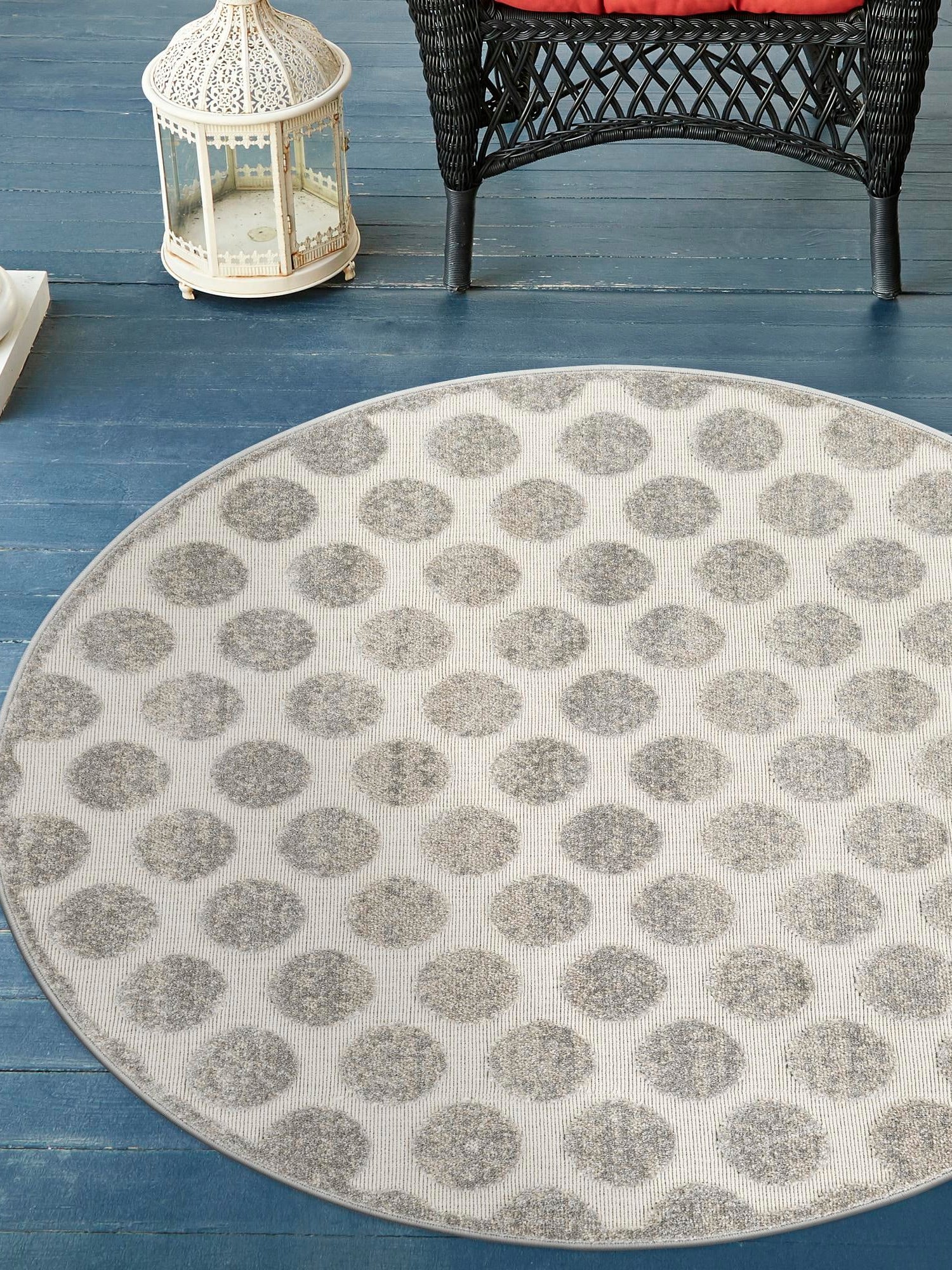 Gray 5' 1 x 5' 1 Sabrina Soto Outdoor Round Area Rug Weather Resistant for Patio, Deck, Terrace, Balcony, Porch Durable Carpet for Exterior Home Design for Sale at Rug Engine