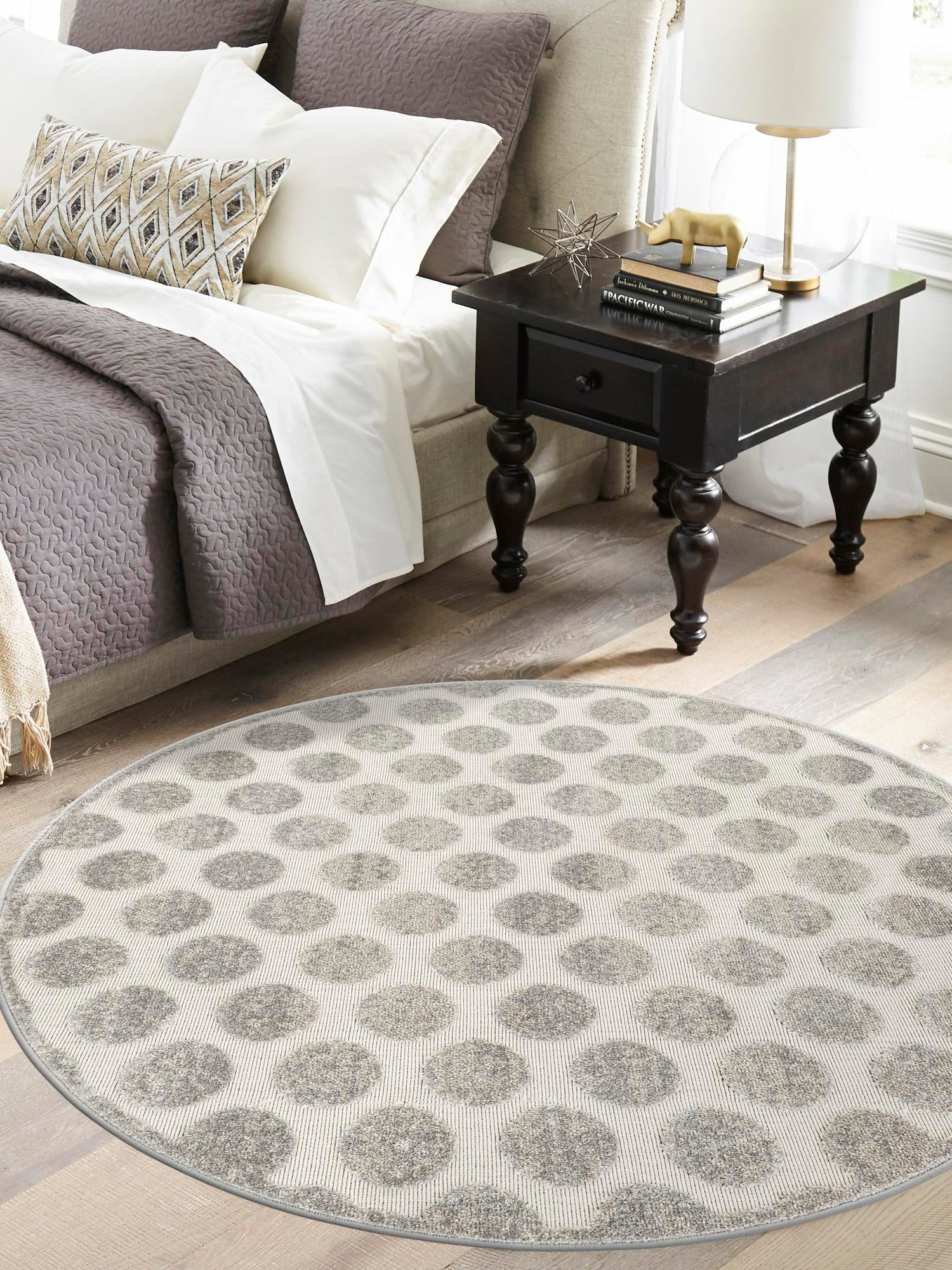 Gray 5' 1 x 5' 1 Sabrina Soto Outdoor Round Area Rug Weather Resistant for Patio, Deck, Terrace, Balcony, Porch Durable Carpet for Exterior Home Design for Sale at Rug Engine