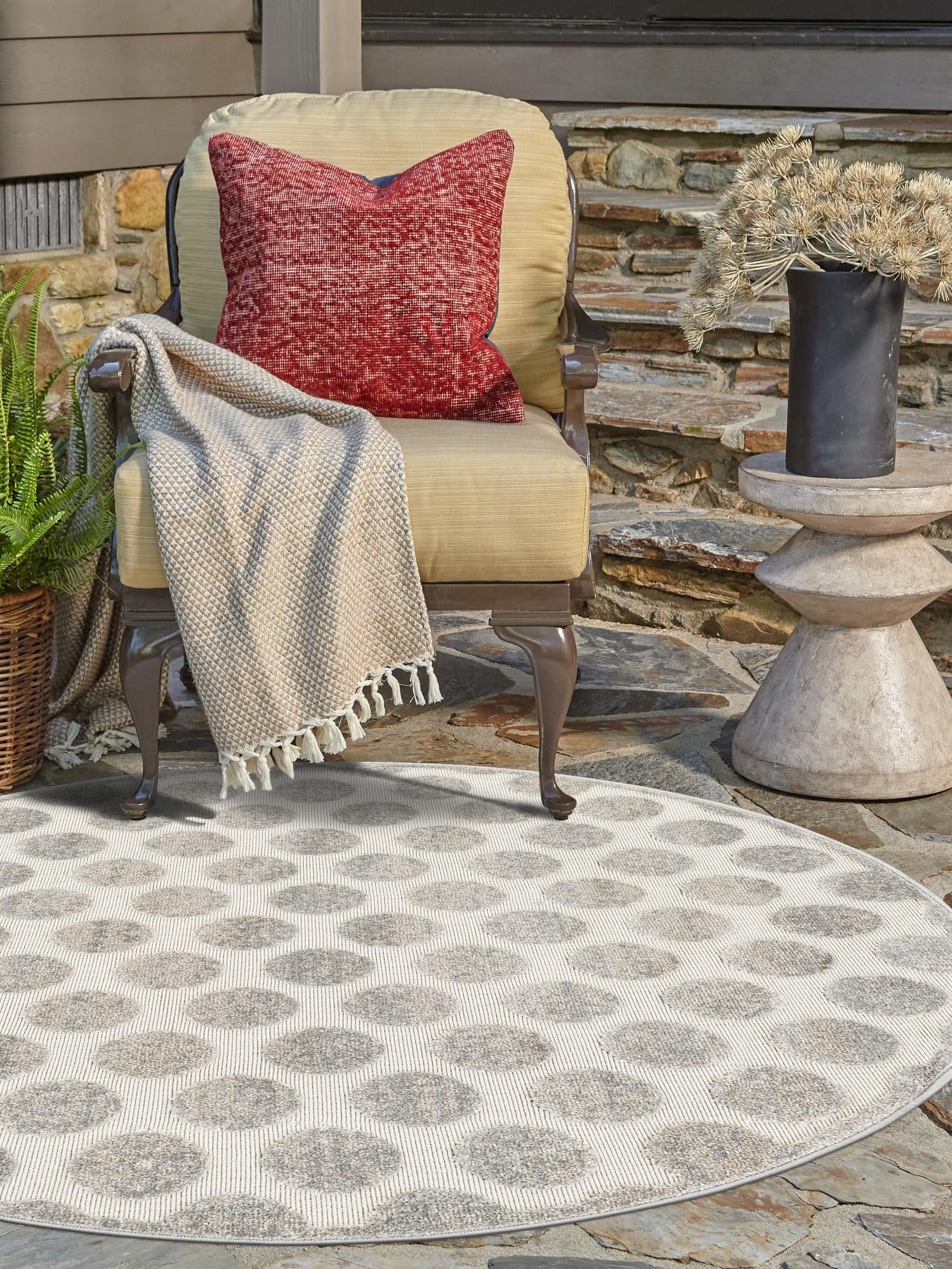 Gray 3' 1 x 3' 1 Sabrina Soto Outdoor Round Area Rug Weather Resistant for Patio, Deck, Terrace, Balcony, Porch Durable Carpet for Exterior Home Design for Sale at Rug Engine