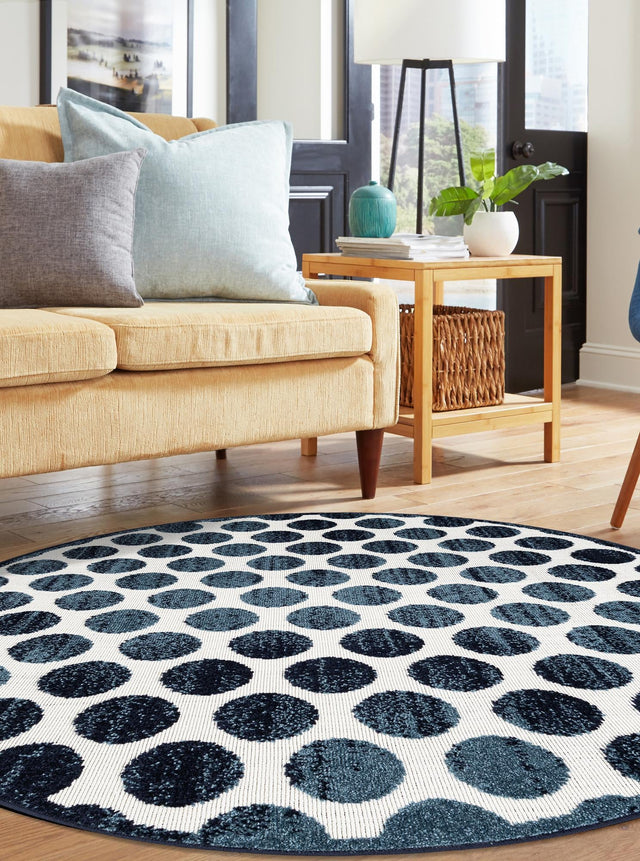 Navy Blue 5' 1 x 5' 1 Sabrina Soto Outdoor Round Area Rug Weather Resistant for Patio, Deck, Terrace, Balcony, Porch Durable Carpet for Exterior Home Design for Sale at Rug Engine