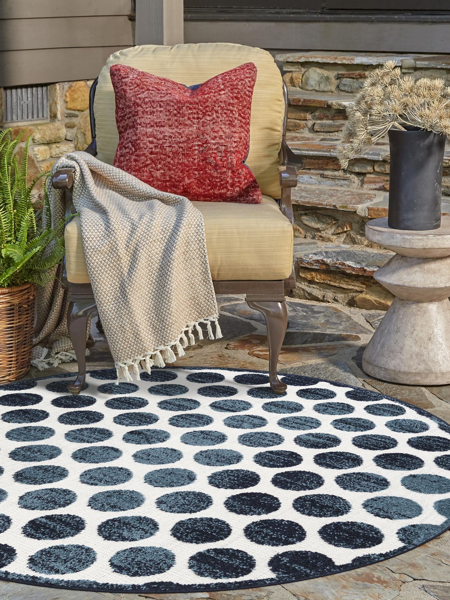 Navy Blue 7' 10 x 7' 10 Sabrina Soto Outdoor Round Area Rug Weather Resistant for Patio, Deck, Terrace, Balcony, Porch Durable Carpet for Exterior Home Design for Sale at Rug Engine