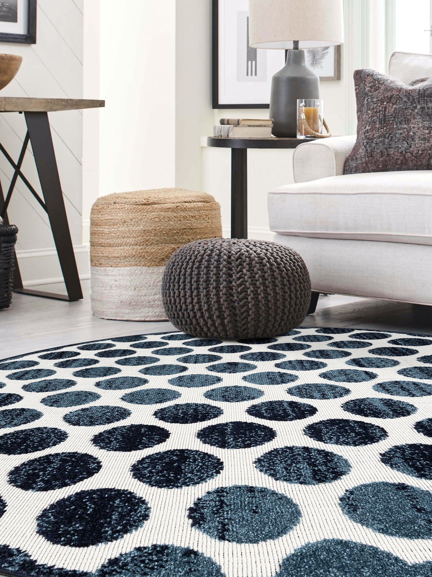 Navy Blue 7' 10 x 7' 10 Sabrina Soto Outdoor Round Area Rug Weather Resistant for Patio, Deck, Terrace, Balcony, Porch Durable Carpet for Exterior Home Design for Sale at Rug Engine