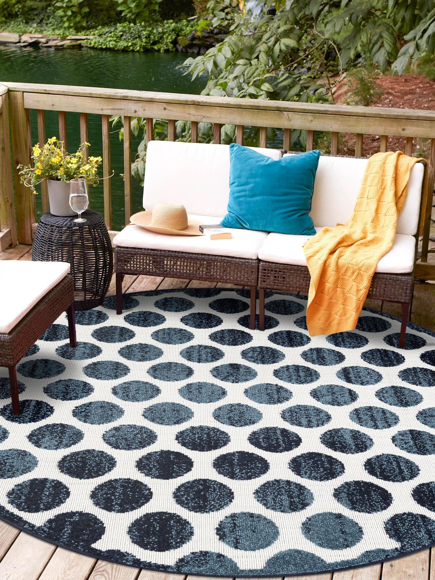 Navy Blue 7' 10 x 7' 10 Sabrina Soto Outdoor Round Area Rug Weather Resistant for Patio, Deck, Terrace, Balcony, Porch Durable Carpet for Exterior Home Design for Sale at Rug Engine