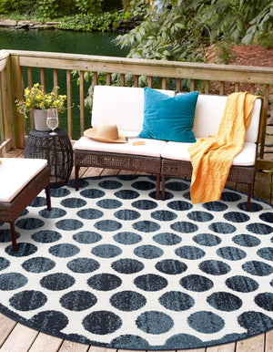 Navy Blue 7' 10 x 7' 10 Sabrina Soto Outdoor Round Area Rug Weather Resistant for Patio, Deck, Terrace, Balcony, Porch Durable Carpet for Exterior Home Design for Sale at Rug Engine