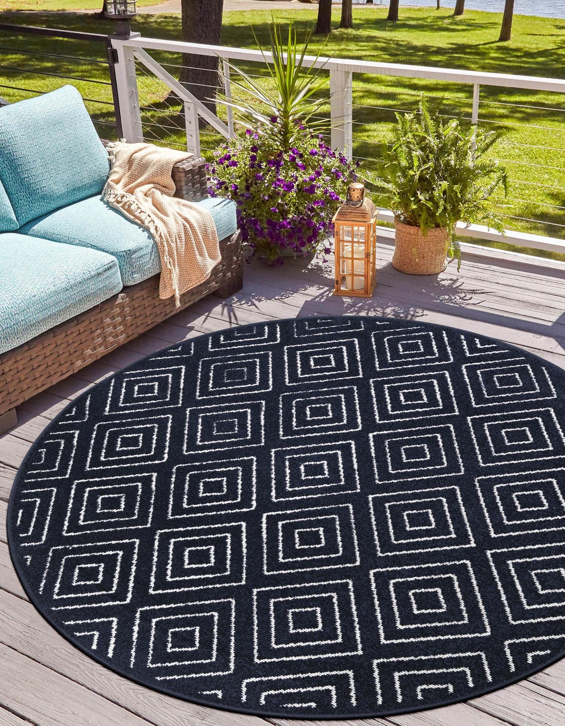 Navy Blue 7' 10 x 7' 10 Sabrina Soto Outdoor Round Area Rug Weather Resistant for Patio, Deck, Terrace, Balcony, Porch Durable Carpet for Exterior Home Design for Sale at Rug Engine