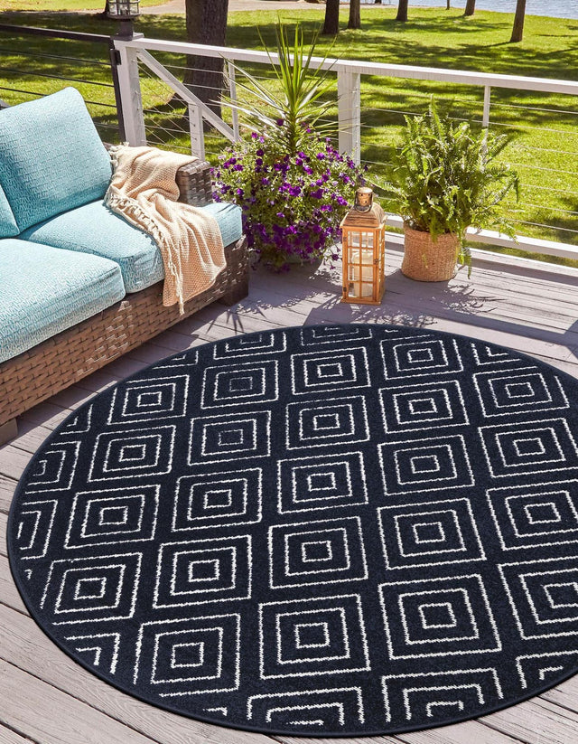 Navy Blue 5' 1 x 5' 1 Sabrina Soto Outdoor Round Area Rug Weather Resistant for Patio, Deck, Terrace, Balcony, Porch Durable Carpet for Exterior Home Design for Sale at Rug Engine