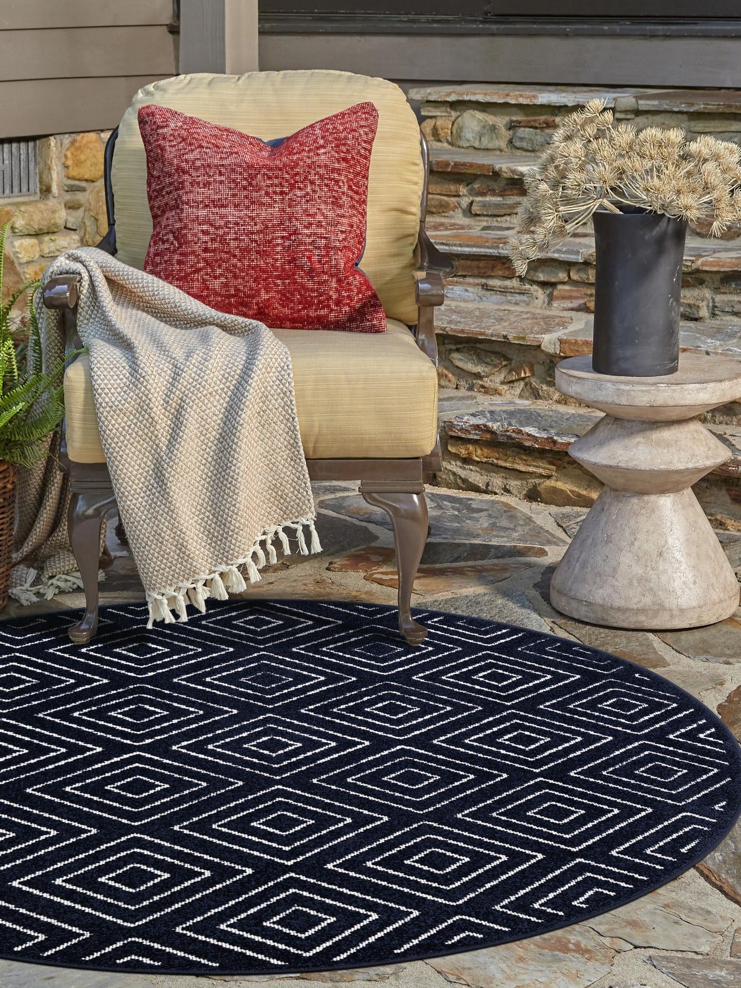 Navy Blue 3' 1 x 3' 1 Sabrina Soto Outdoor Round Area Rug Weather Resistant for Patio, Deck, Terrace, Balcony, Porch Durable Carpet for Exterior Home Design for Sale at Rug Engine