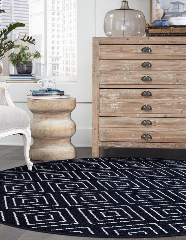 Navy Blue 5' 1 x 5' 1 Sabrina Soto Outdoor Round Area Rug Weather Resistant for Patio, Deck, Terrace, Balcony, Porch Durable Carpet for Exterior Home Design for Sale at Rug Engine