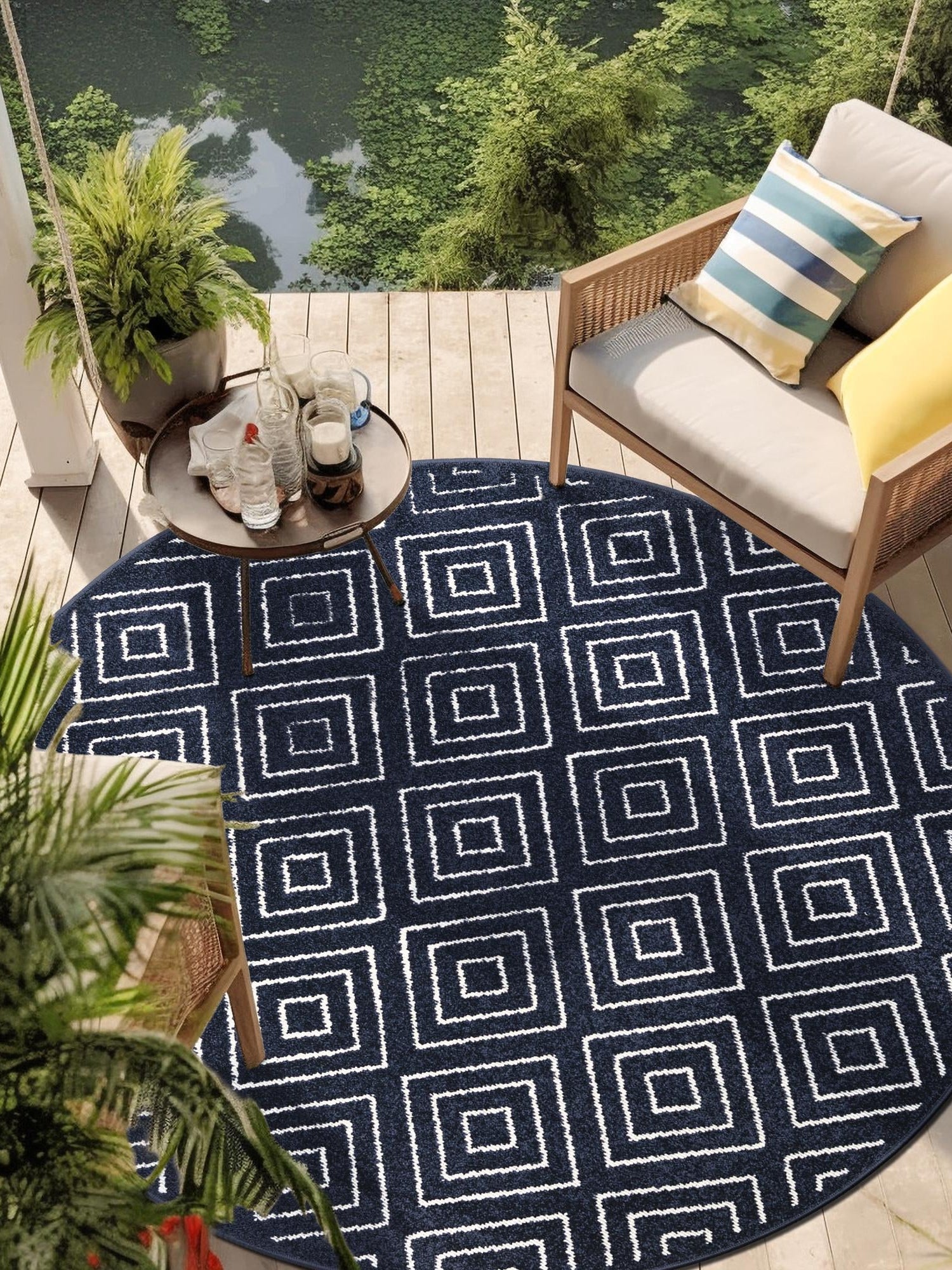 Navy Blue 5' 1 x 5' 1 Sabrina Soto Outdoor Round Area Rug Weather Resistant for Patio, Deck, Terrace, Balcony, Porch Durable Carpet for Exterior Home Design for Sale at Rug Engine