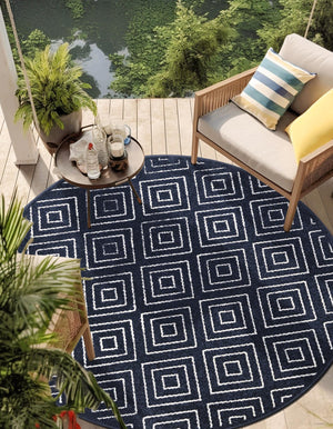 Navy Blue 5' 1 x 5' 1 Sabrina Soto Outdoor Round Area Rug Weather Resistant for Patio, Deck, Terrace, Balcony, Porch Durable Carpet for Exterior Home Design for Sale at Rug Engine