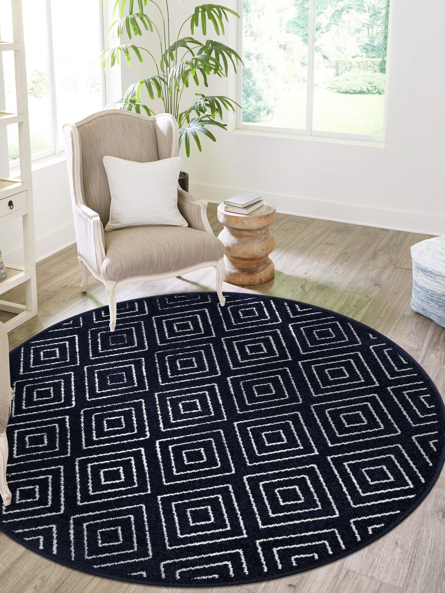 Navy Blue 3' 1 x 3' 1 Sabrina Soto Outdoor Round Area Rug Weather Resistant for Patio, Deck, Terrace, Balcony, Porch Durable Carpet for Exterior Home Design for Sale at Rug Engine