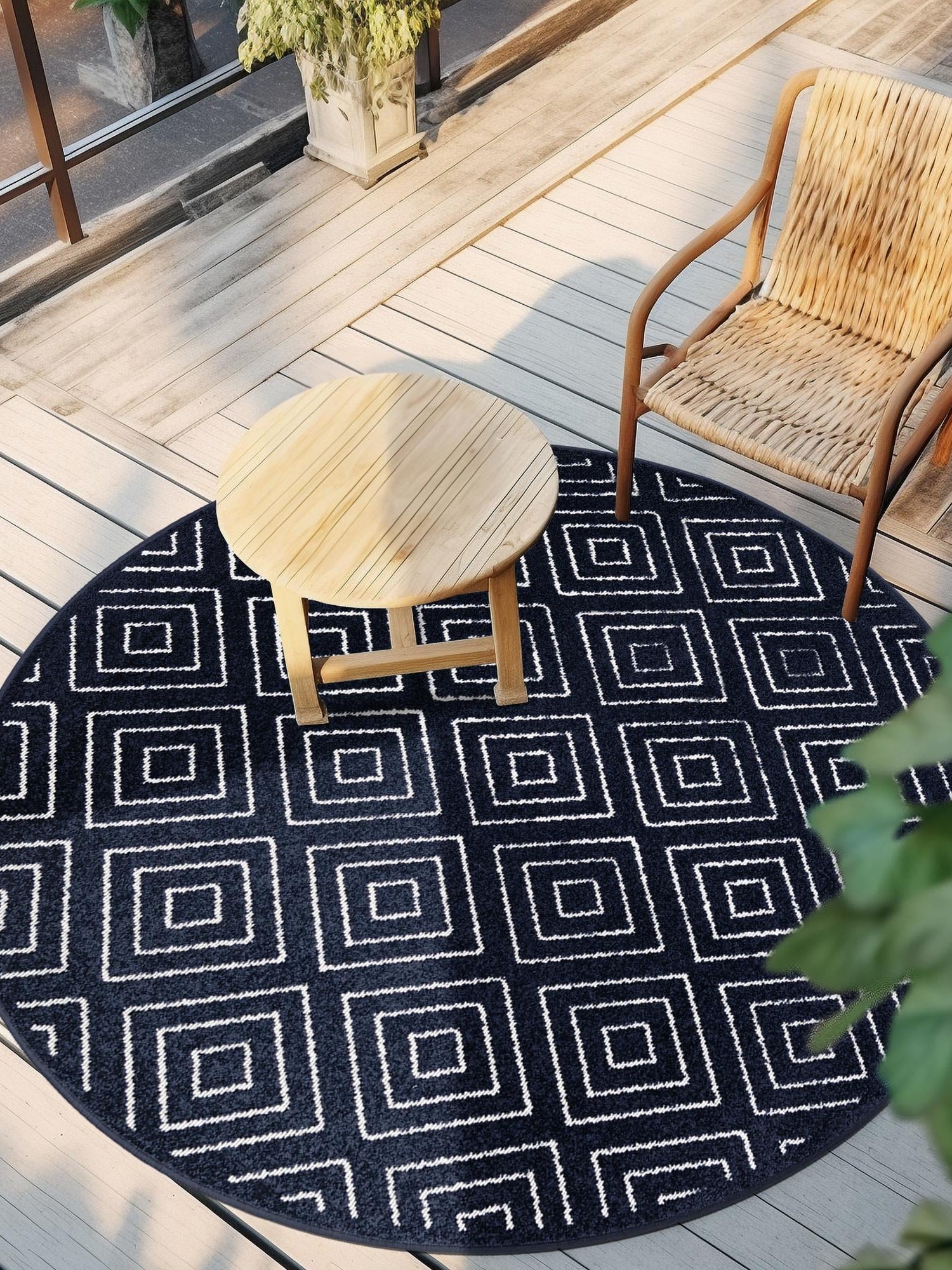 Navy Blue 5' 1 x 5' 1 Sabrina Soto Outdoor Round Area Rug Weather Resistant for Patio, Deck, Terrace, Balcony, Porch Durable Carpet for Exterior Home Design for Sale at Rug Engine