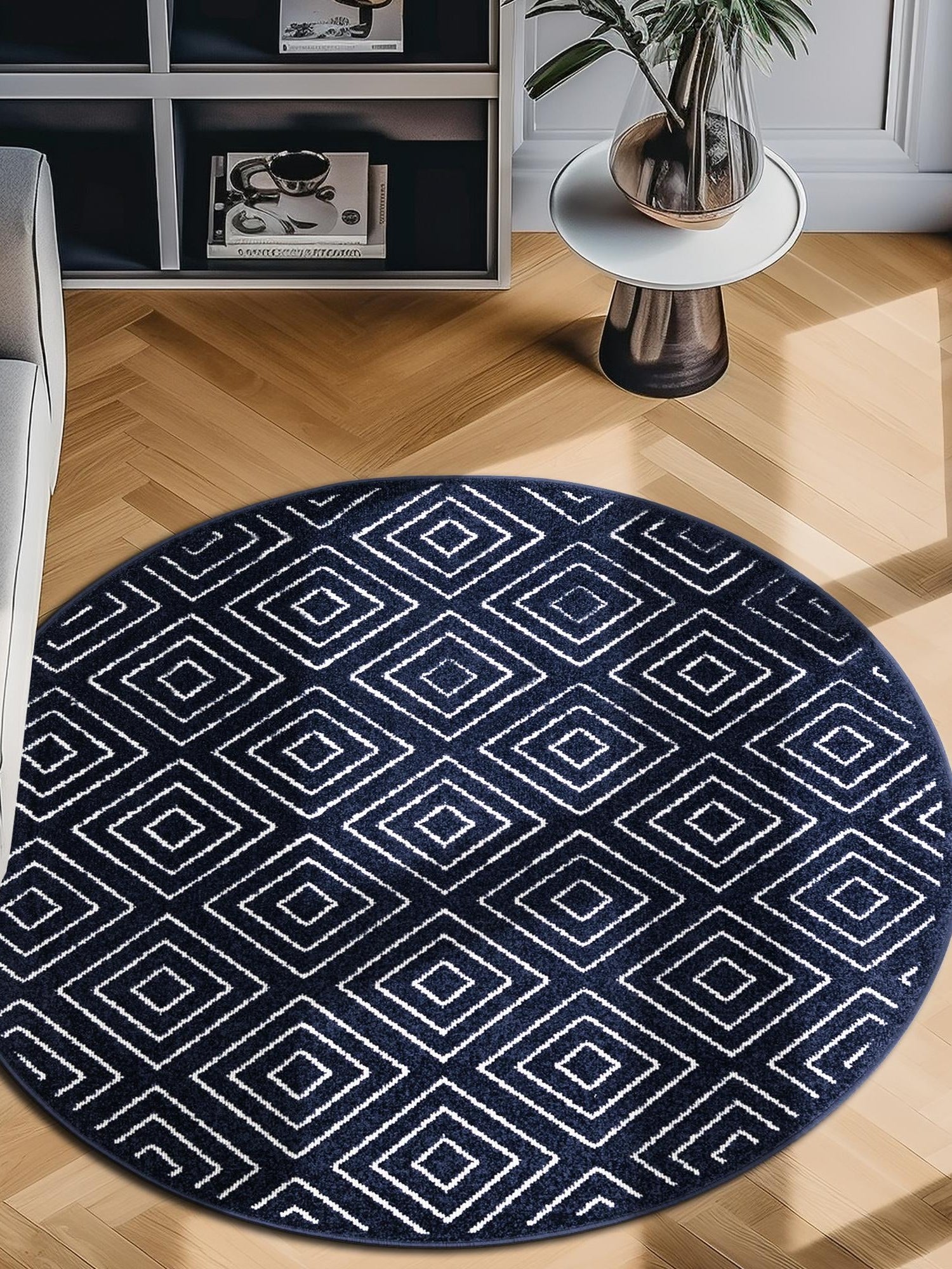 Navy Blue 3' 1 x 3' 1 Sabrina Soto Outdoor Round Area Rug Weather Resistant for Patio, Deck, Terrace, Balcony, Porch Durable Carpet for Exterior Home Design for Sale at Rug Engine