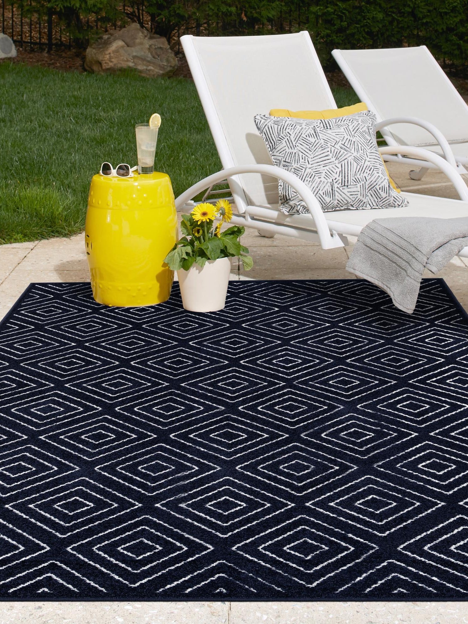 Navy Blue 4' 1 x 6' 1 Sabrina Soto Outdoor Rectangle Area Rug Weather Resistant for Patio, Deck, Terrace, Balcony, Porch Durable Carpet for Exterior Home Design for Sale at Rug Engine